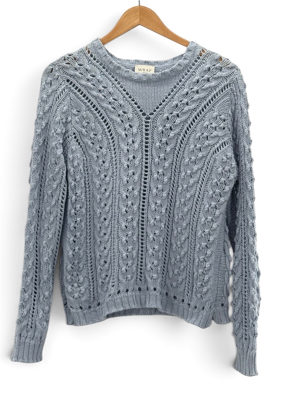 Wrap London Blue Cable Knit Openwork 100% Organic Cotton Sweater US 6 UK 10